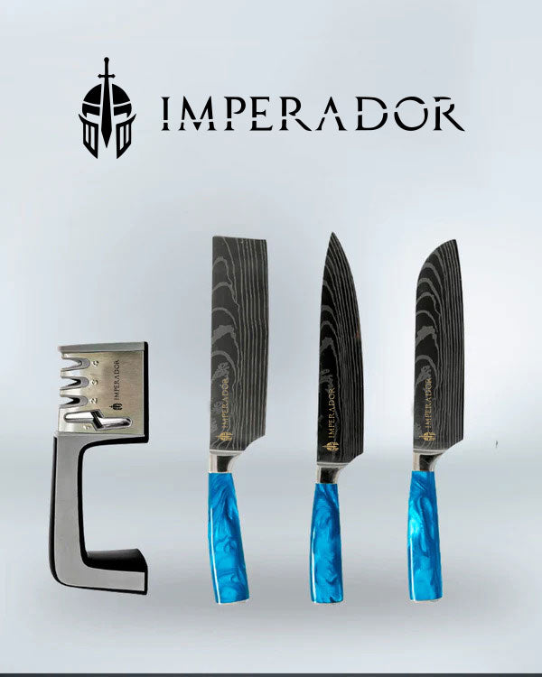 Kit Facas Imperador Mar Egeu + Amolador de Facas Profissional 4 em 1