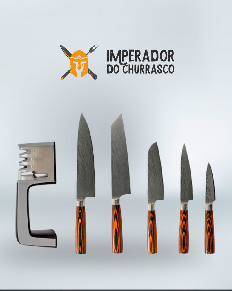 Kit 5 facas do Imperador Cheff - Acabamento Aço Damasco 8" + Amolador de Facas Profissional 4 em 1