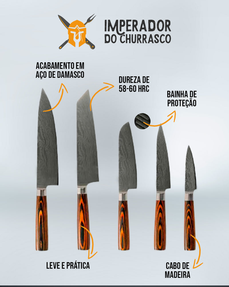 Kit 5 facas do Imperador Cheff - Acabamento Aço Damasco 8" + Amolador de Facas Profissional 4 em 1