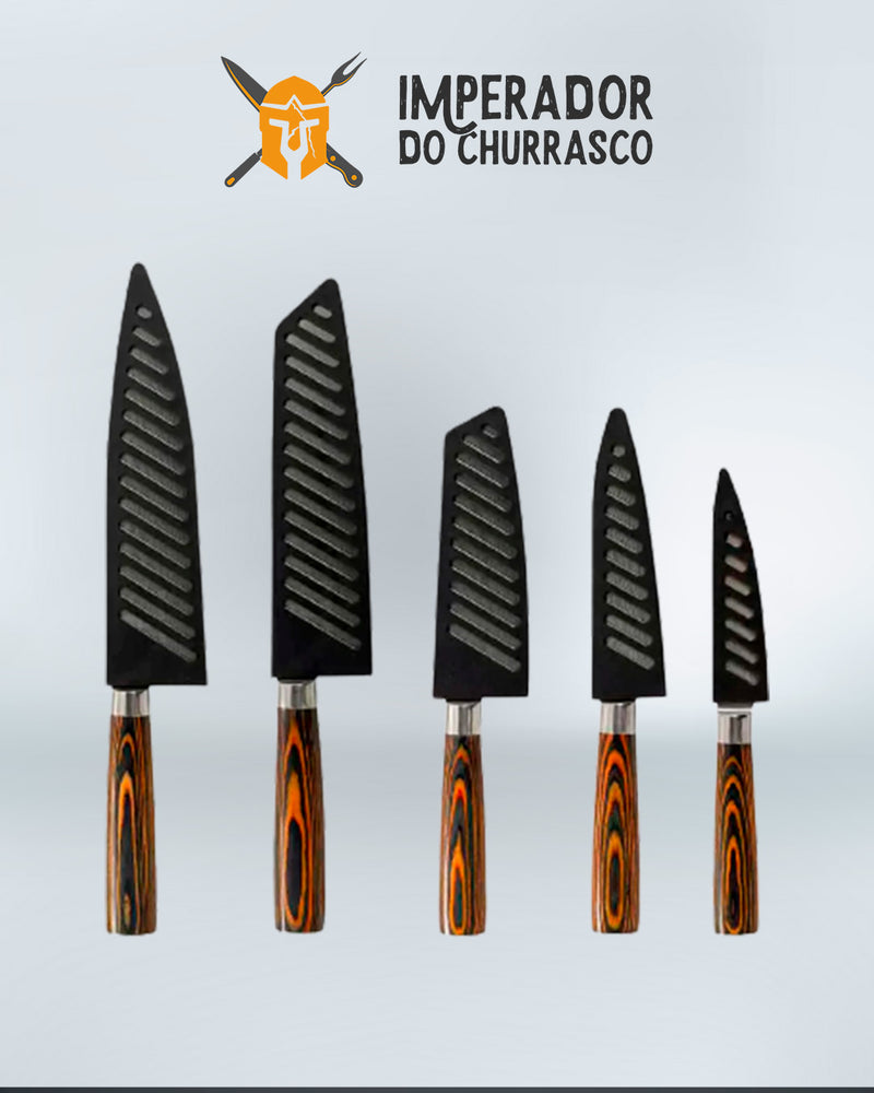 Kit 5 facas do Imperador Cheff - Acabamento Aço Damasco 8" + Amolador de Facas Profissional 4 em 1